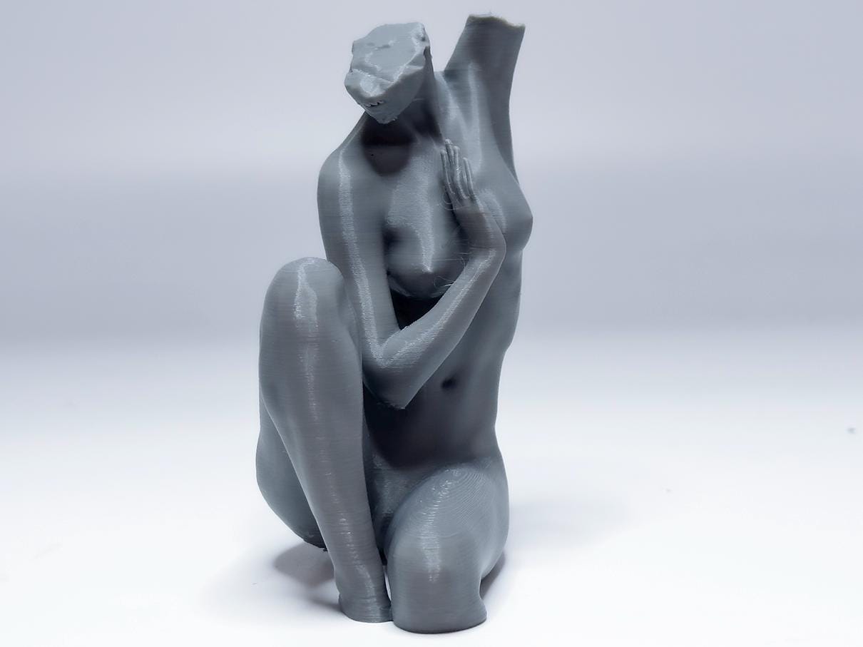 Female seated anatomy sculpture with raised arm for artists. Figure drawing reference model for studying stretch, proportion, and light.