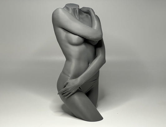 Female seated anatomy torso model for artists. Studio reference sculpture for studying shoulder overlap and structural balance.