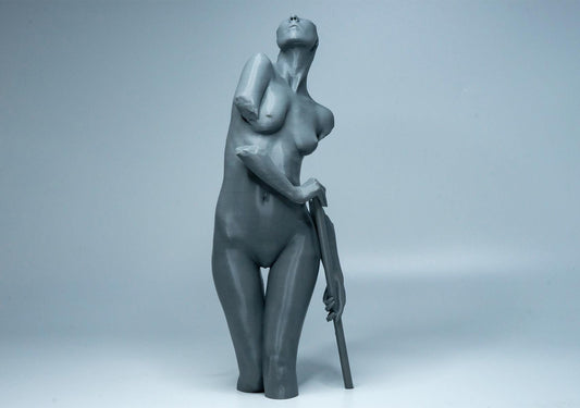 Female figure anatomy model holding prop. Artist reference sculpture for studying weight distribution and structural form.