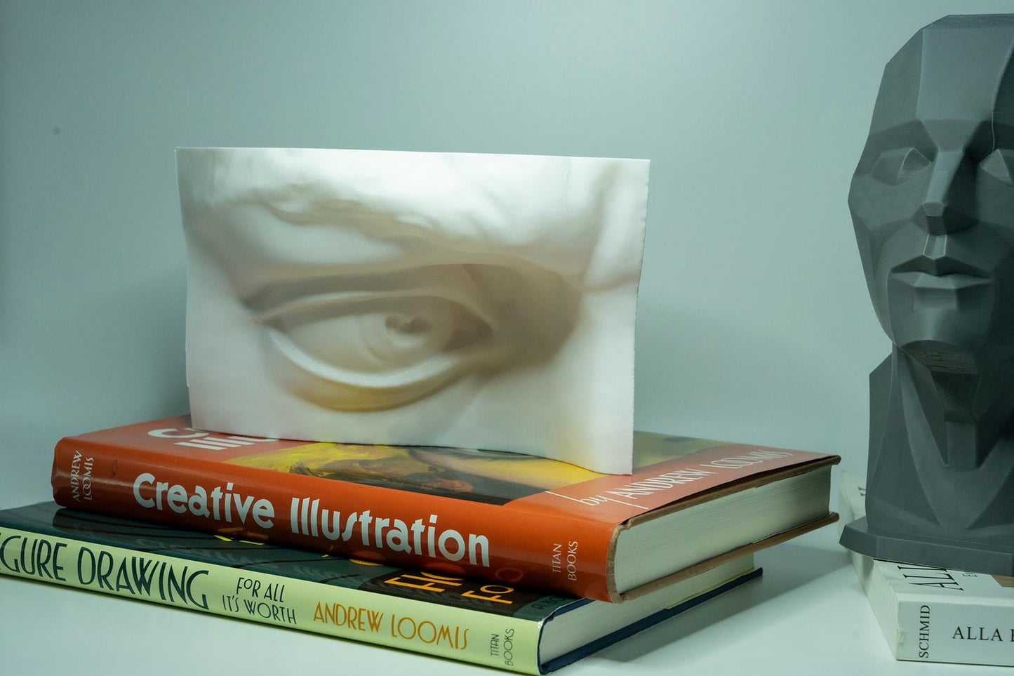 Eye of David anatomy model for artists. Relief sculpture reference for studying eyelid construction, planes, and lighting.