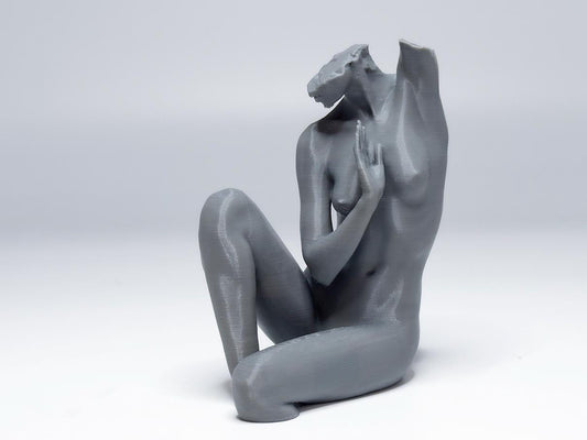 Female seated anatomy sculpture with raised arm for artists. Figure drawing reference model for studying stretch, proportion, and light.