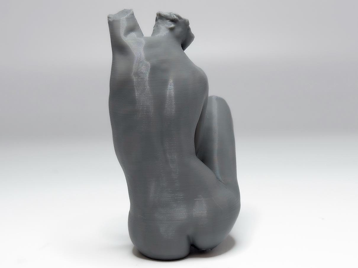 Female seated anatomy sculpture with raised arm for artists. Figure drawing reference model for studying stretch, proportion, and light.