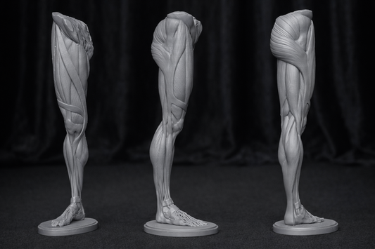 Male leg and foot anatomy model for artists. Muscular lower body sculpture reference for studying calf, thigh, and foot structure.