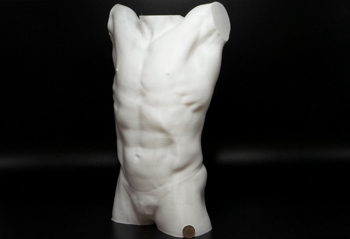Male torso anatomy sculpture with raised arm for artists. Figure drawing reference model for studying ribcage stretch and muscular structure.