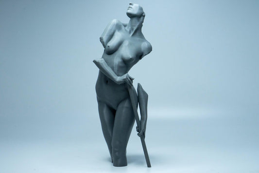Female figure anatomy model holding prop. Artist reference sculpture for studying weight distribution and structural form.